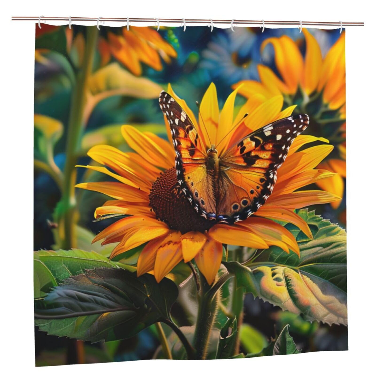 BWWHCCTI Sunflower Butterfly Printed Shower Curtain With 12 Plastic Hooks Opaque Quick Drying Waterproof Shower Curtains Sets For Bathroom 183x183 CM