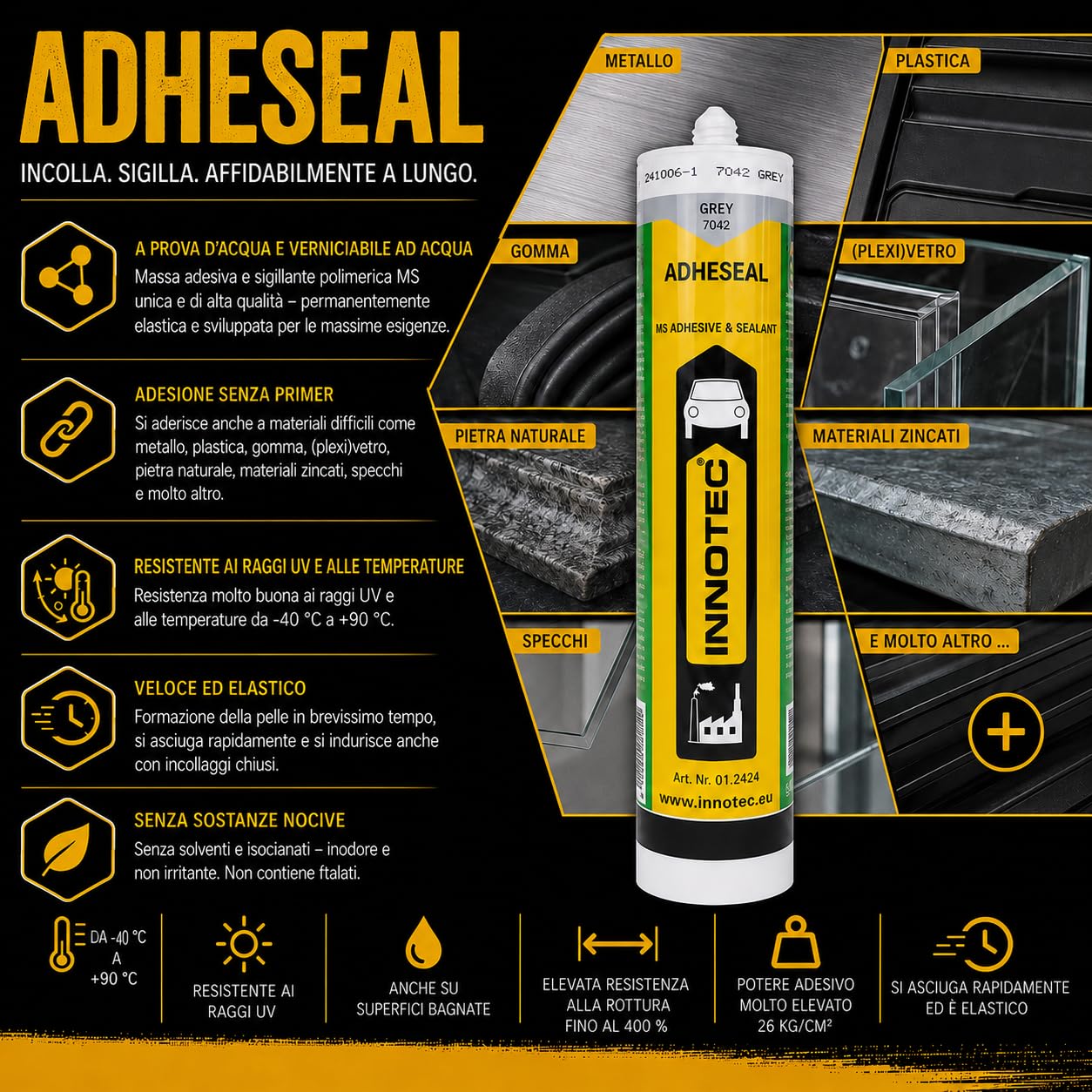 2 pezzi Innotec Adheseal Grigio adesivo e sigillante a base di polimeri MS – Aderente anche a materiali delicati – Verniciabile bagnato – 290 ml Adheseal sigillante elastico permanente