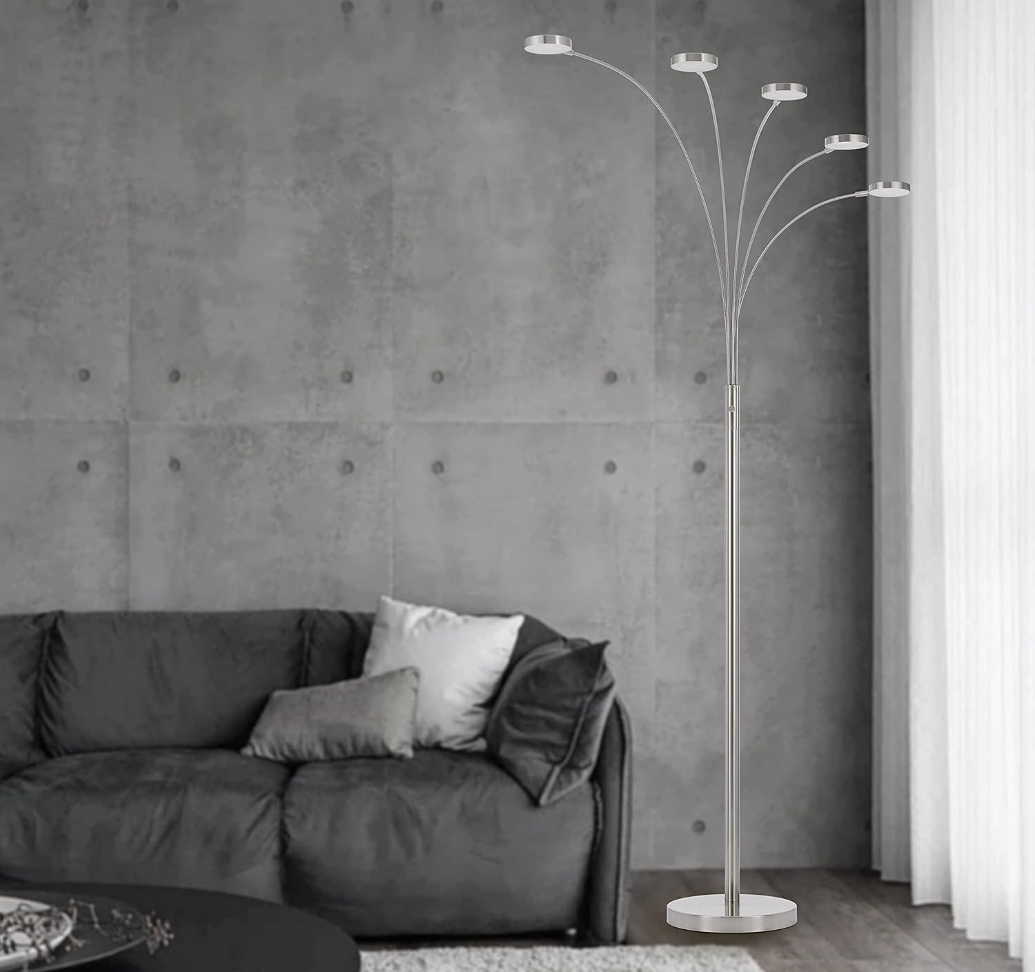 Cal Lighting BO-3121FL-5L-BS Malibu Modern Metal Arc Floor Lamp with 5 8W Integrated LED, 5 Arms for Living Room, 82 Inches Tall, Brushed Metal