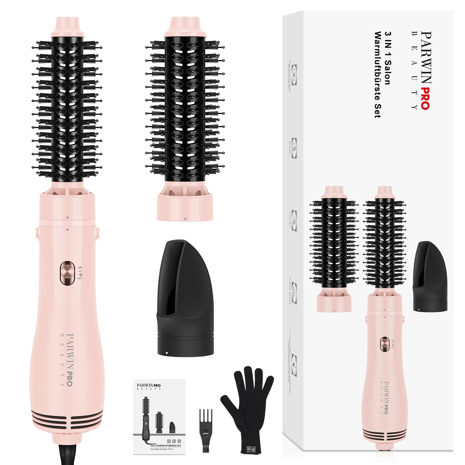 PARWIN PRO BEAUTY 4 in 1 Warmluftbürste, Hairstyler, Föhnbürste | Stylen in One Step, Schnelles Volumen, Locken, Glätten, 3 Temperaturen, Keramik, Ionen Pflege, 1100 Watt, Rosa
