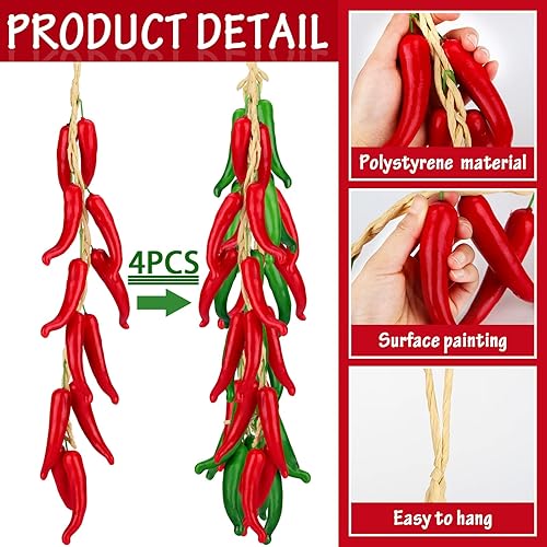 Miniatura 2 de Sotiff 4 piezas de decoraciones de chile y pimienta, cuerda de ají mexicana, decoración de cocina mexicana, para colgar en la pared, verdura