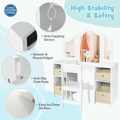 Miniatura 23 de HONEY JOY Vanidad para niños, juego de tocador para niñas pequeñas con espejo y taburete, estantes de almacenamiento, tocador de madera de princesa,