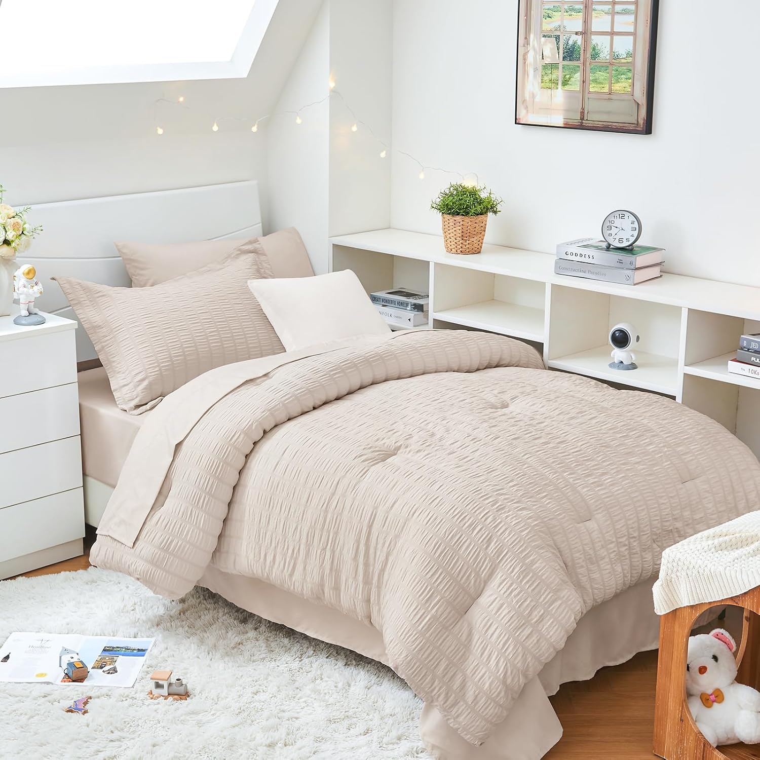 HYMOKEGE Beige Twin XL Comforter Set Seersucker 5 Pieces, All Season Luxury Bed in a Bag for Bedroom, Bedding Set with Comforter, Sheets, Pillowcase & Sham