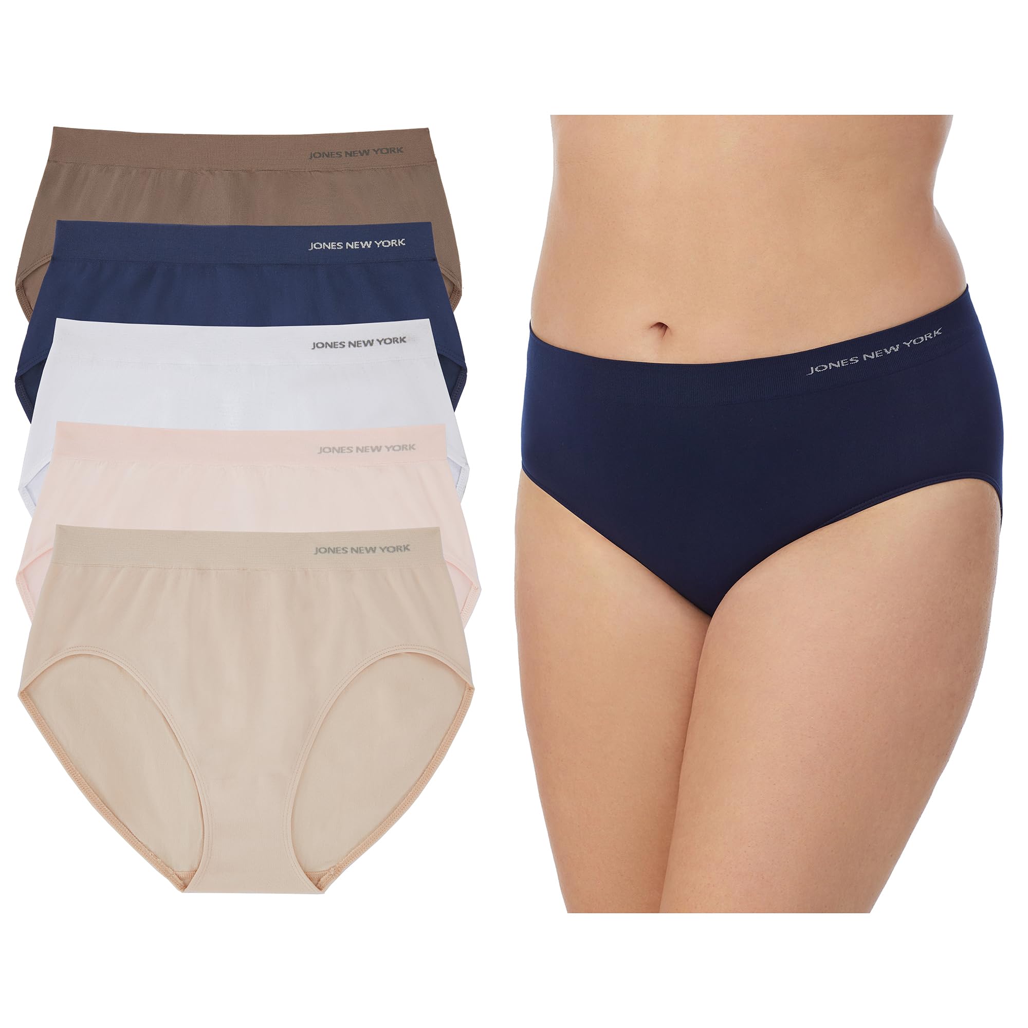 Jones New York Underwear for Women High Cut Brief Full Coverage Seamless Stretch Comfort Panties - 5 Pack Multipack