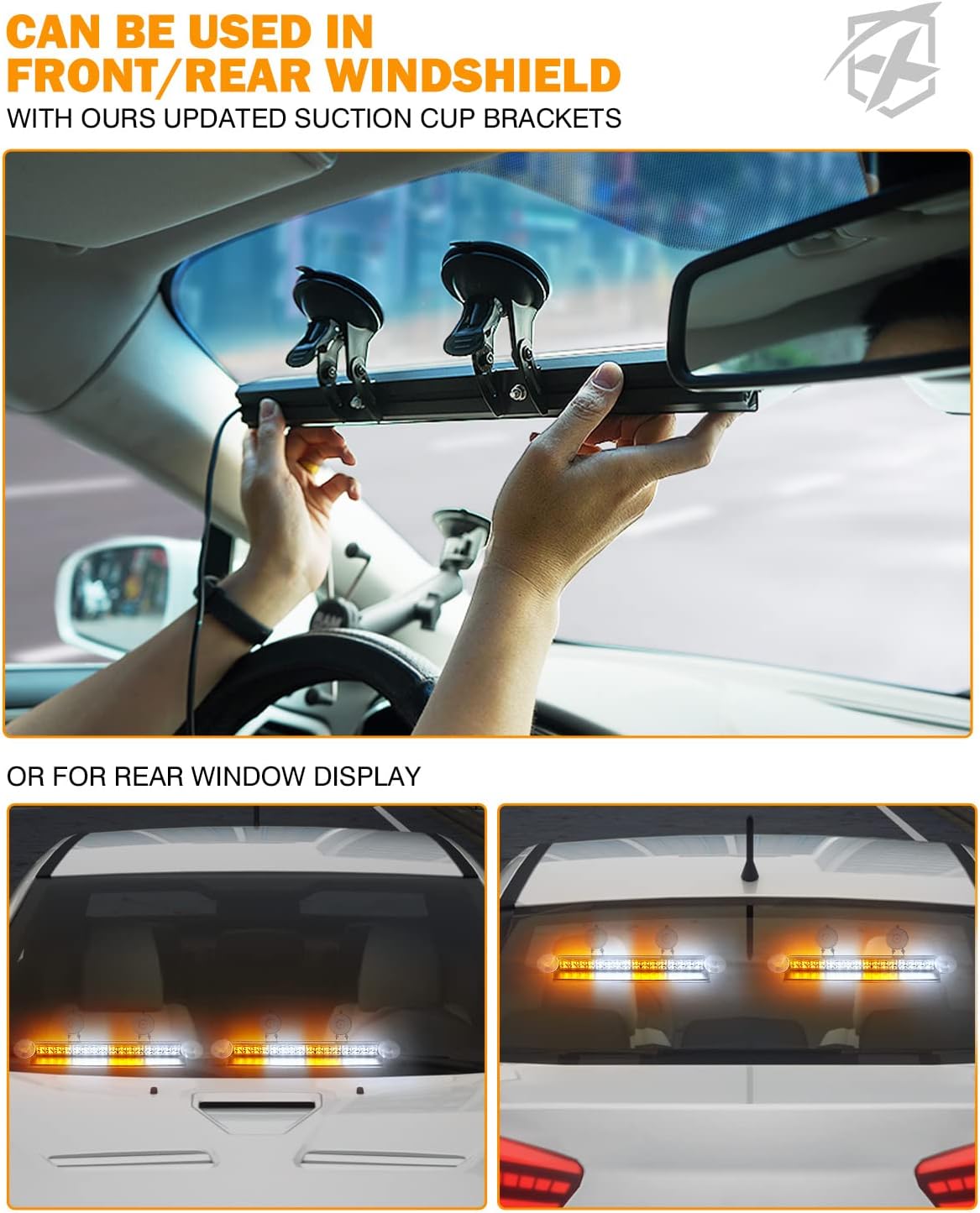 Xprite 2x16" Emergency Dash Strobe Lights, 22 Modes & Stable Vacuum Suction Cups, Windshield Visor Traffic Aluminum Dual Lightbar for Construction Trucks Plows Postal Security Cars White Amber