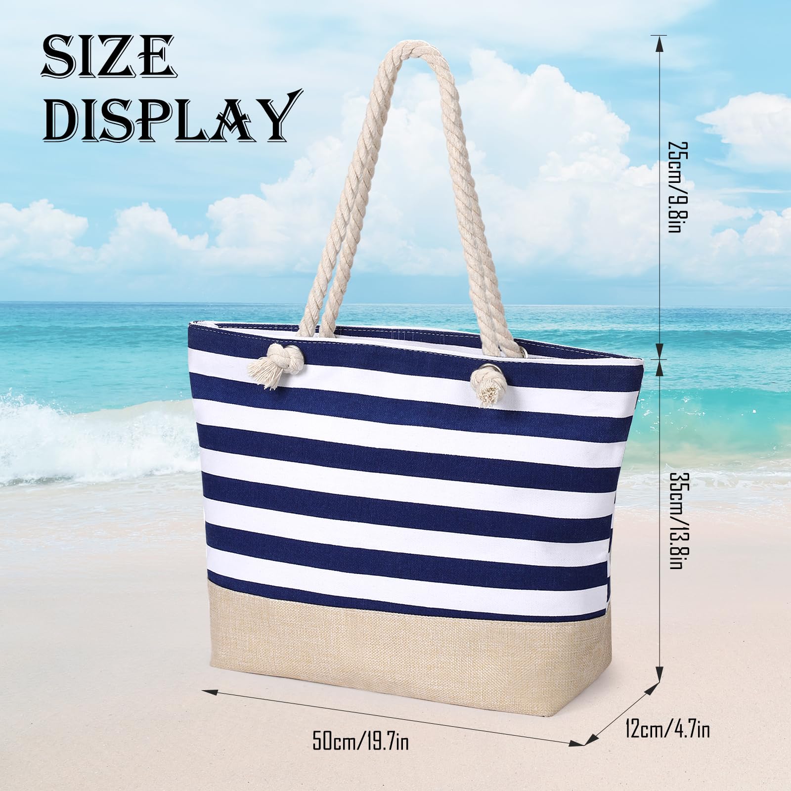 Sac de Plage Femme Grand Sac Fourre-Tout en Été, Sacs à Main de Voyage en Toile Imperméable avec Fermeture à Glissière Cabas Femme Tote Bag pour Plage Vacances Shopping Gym, Bleu Oxford