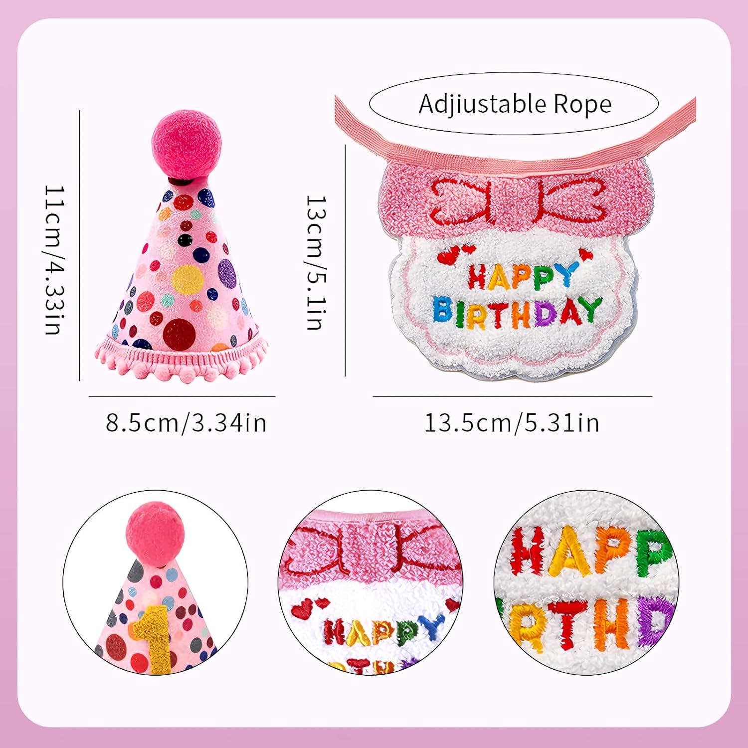 Cat Birthday Hat Decoration & Outfit Set - Adjustable Party Hat with Numbers, Bandana Bow Tie & Balloon Supplies for Cat Costume Photo Shoots (Pink)