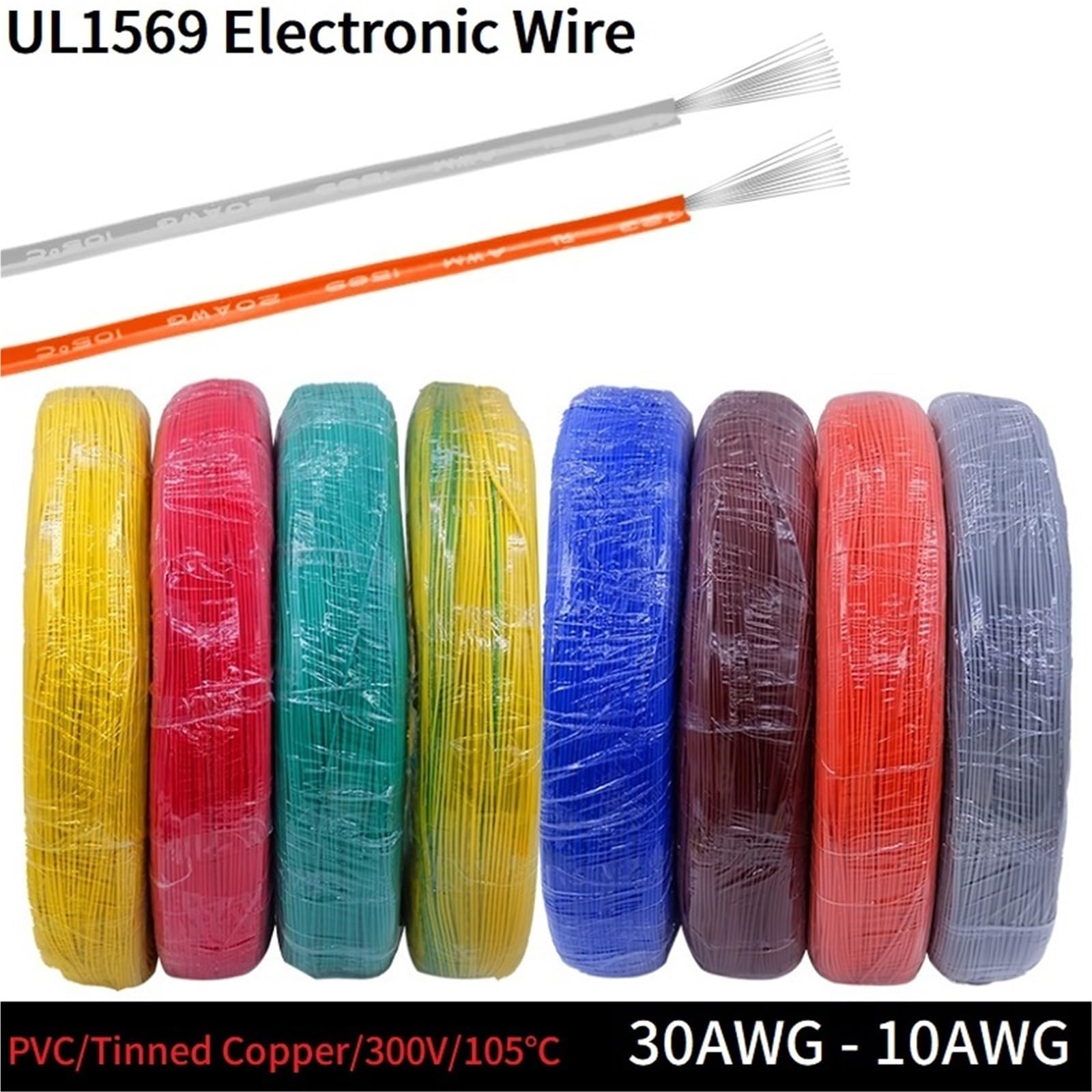 Cable de PVC 5M-20M UL1569 18-30AWG Cobre estañado; Cable ecológico for cableado electrónico LED y Bricolaje(Black,20m,20AWG)
