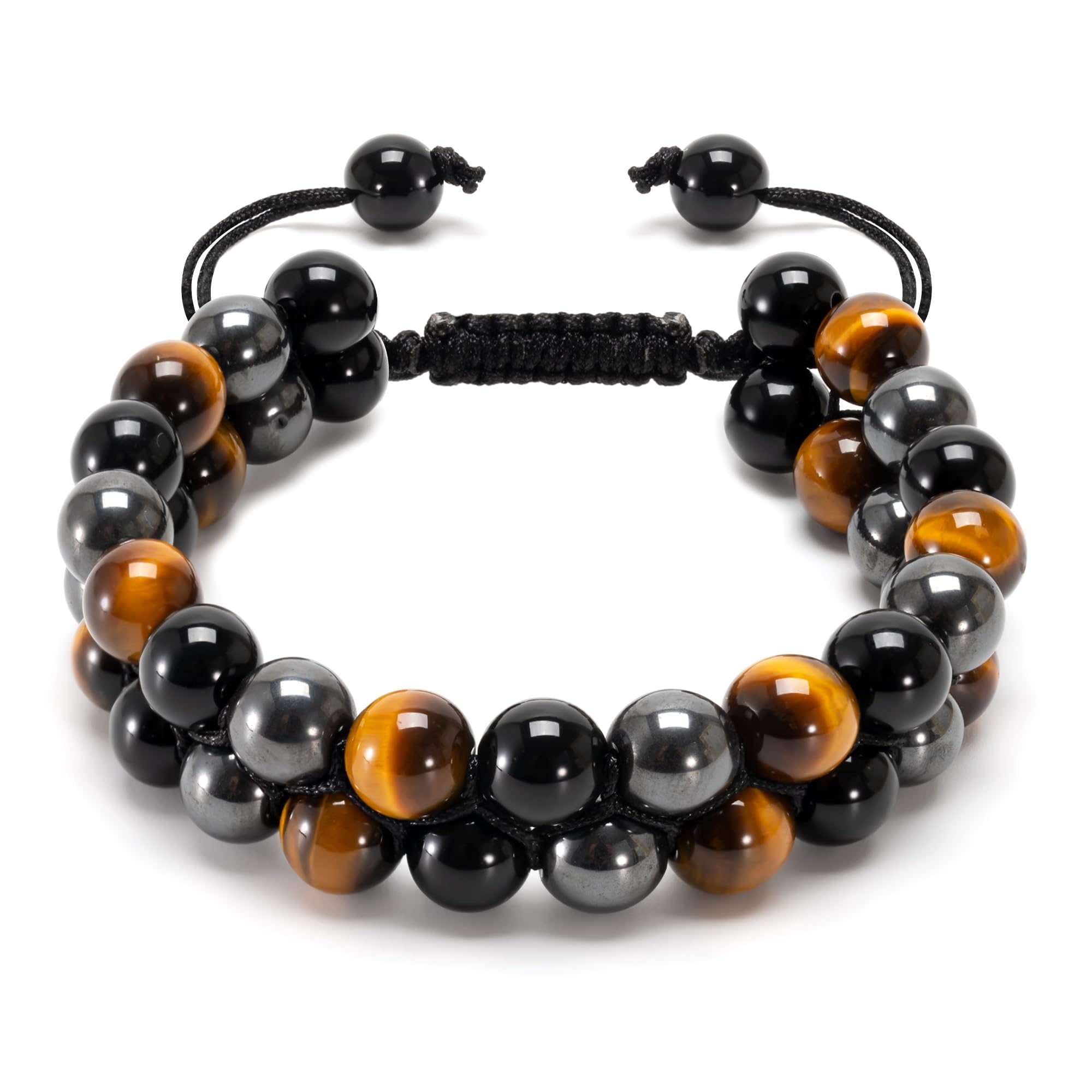QijiarxTriple Protection Bracelet for Men Women,Genuine Natural Tigers Eye Black Obsidian and Hematite 8mm Healing Crystal Stone Bracelet bring Luck Prosperity Happiness
