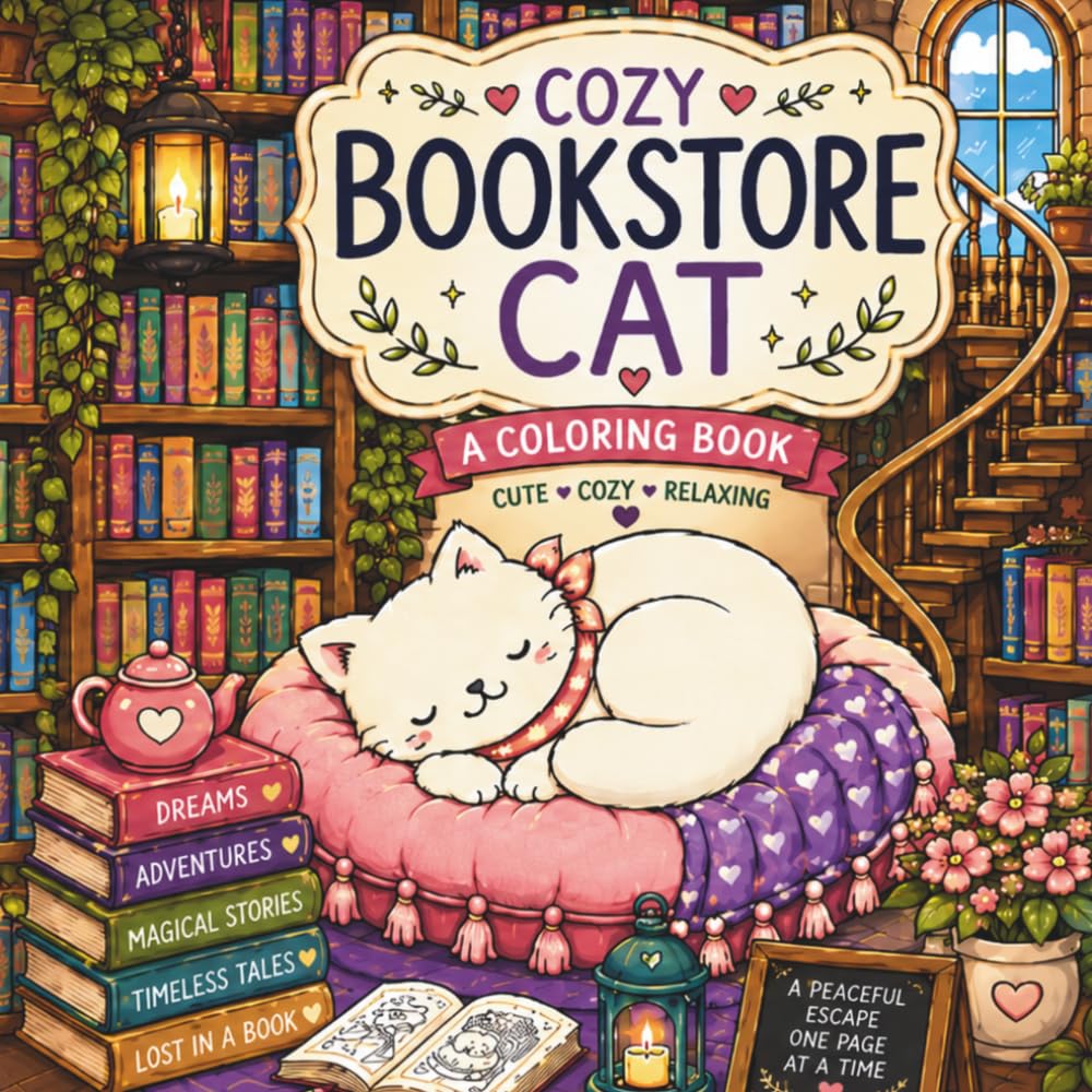 Cozy Bookstore Cat: Coloring Book. Books, Cats, Cozy Days