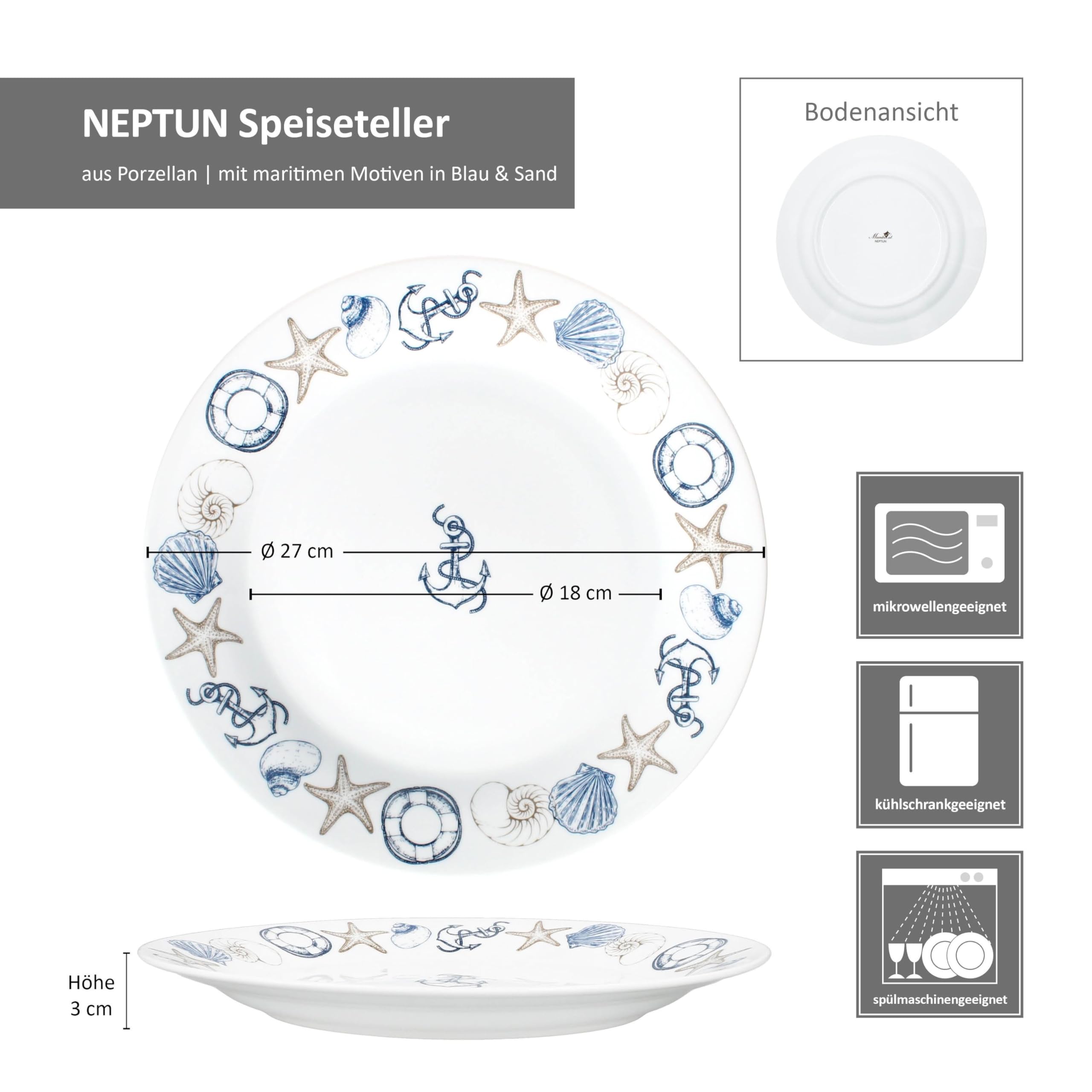 MamboCat Neptun Lot de 6 assiettes plates I Ø 27 cm I Assiettes en porcelaine avec motifs maritimes ancres, coquillages et autres pour 6 personnes I Grandes assiettes pour repas principaux, barbecue