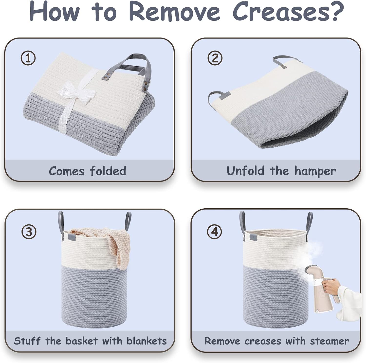 VIPOSCO Tall Laundry Basket, Large Dirty Clothes Hamper with Leather Handle, Woven Rope Storage Basket for Blanket, Toy In Living Room, Bathroom, Bedroom - 58L Grey & White - Image 6