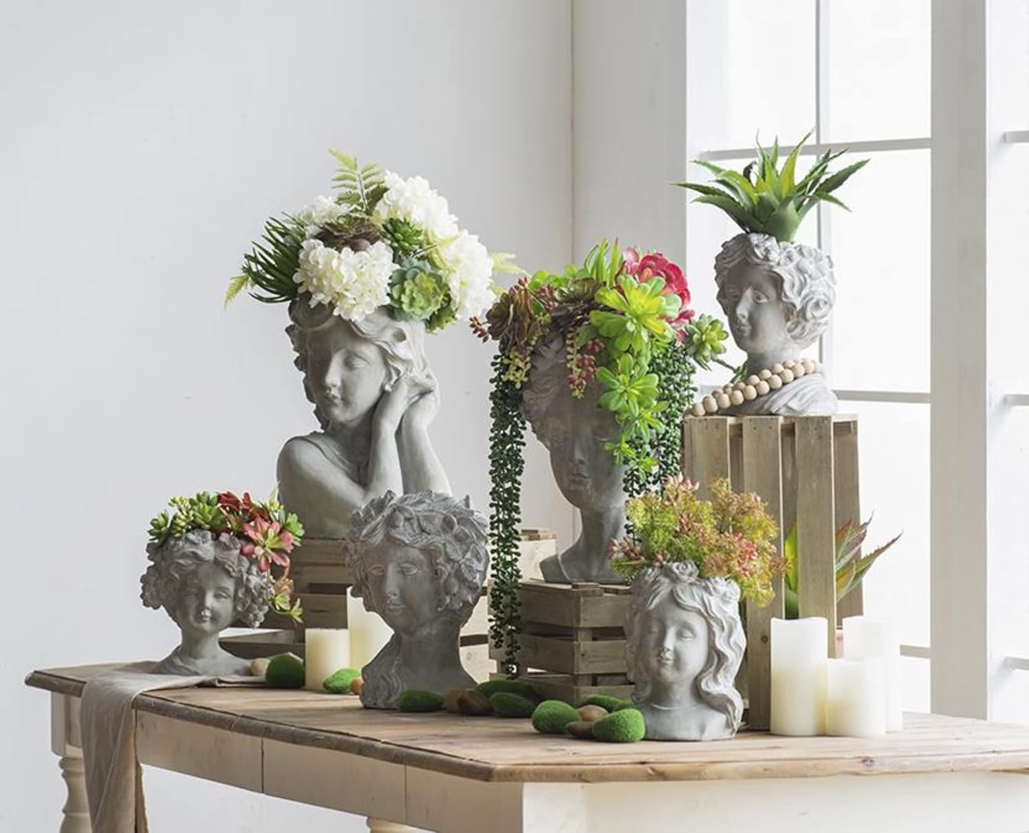 Gray Cement Floral Wreath Lady Head Planter Sculpture