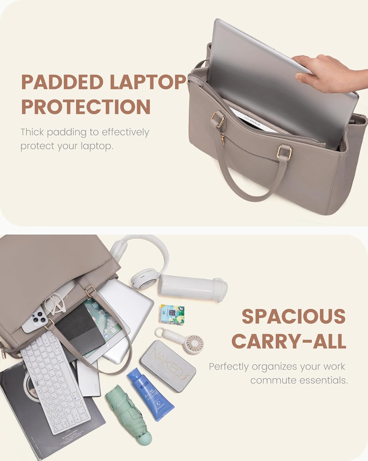 LOVEVOOK Laptop Tote Bag for Women, Work Bags Teacher Tote Bag, Waterproof Leather Computer Bag, Business Laptop Purse Office Handbag Professional Briefcase, Taupe, 15.6 Inch - Image 5