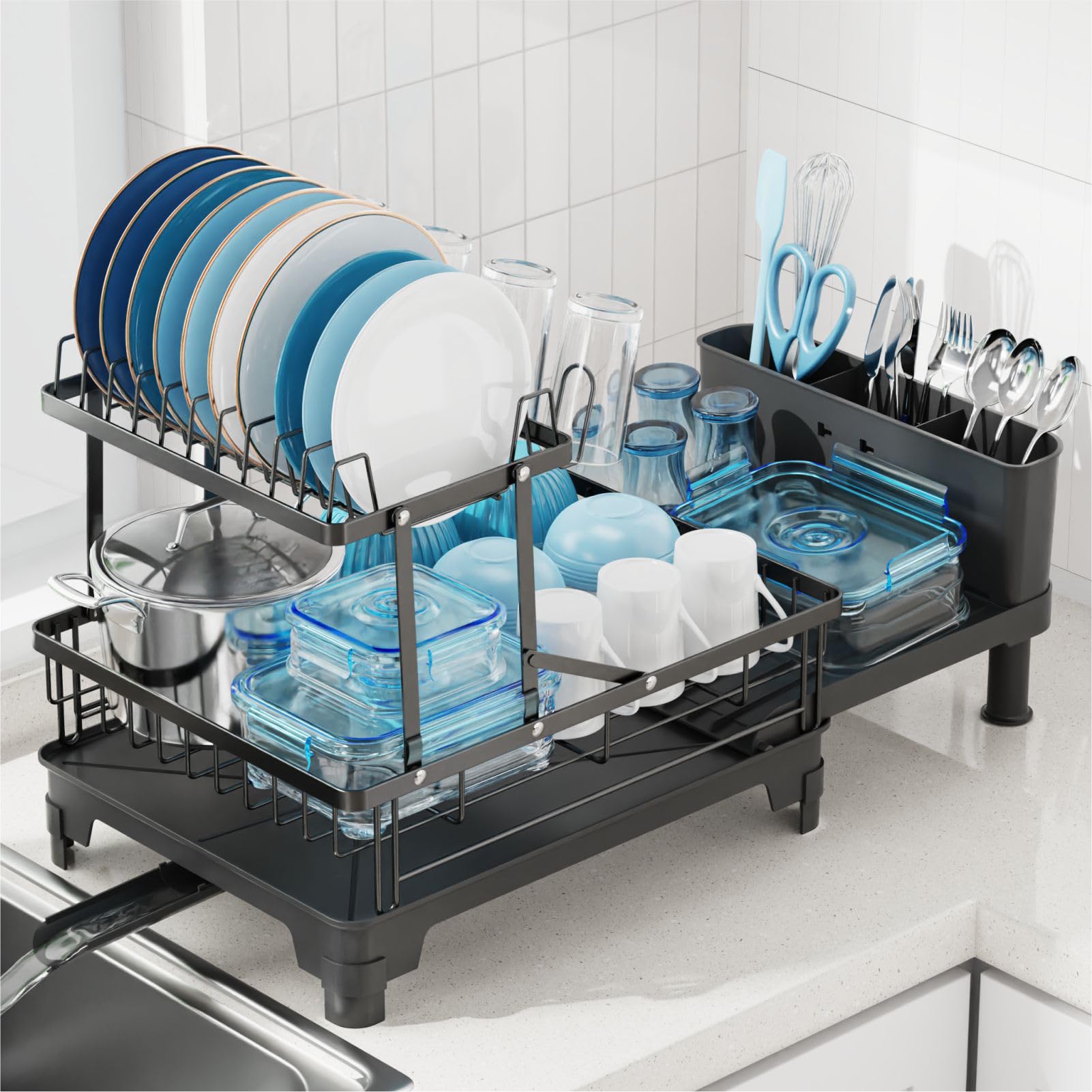 Photo 1 of ***MISSING ITEMS***
GSlife 2 Tier Dish Drying Rack with Drainboard, Expandable Large Dish Drainer for Kitchen Counter, Rust Resistant Dish Drainer with Cup Holder & Utensil Holder, 12.6" W x 18.7"-25.2" L, Black