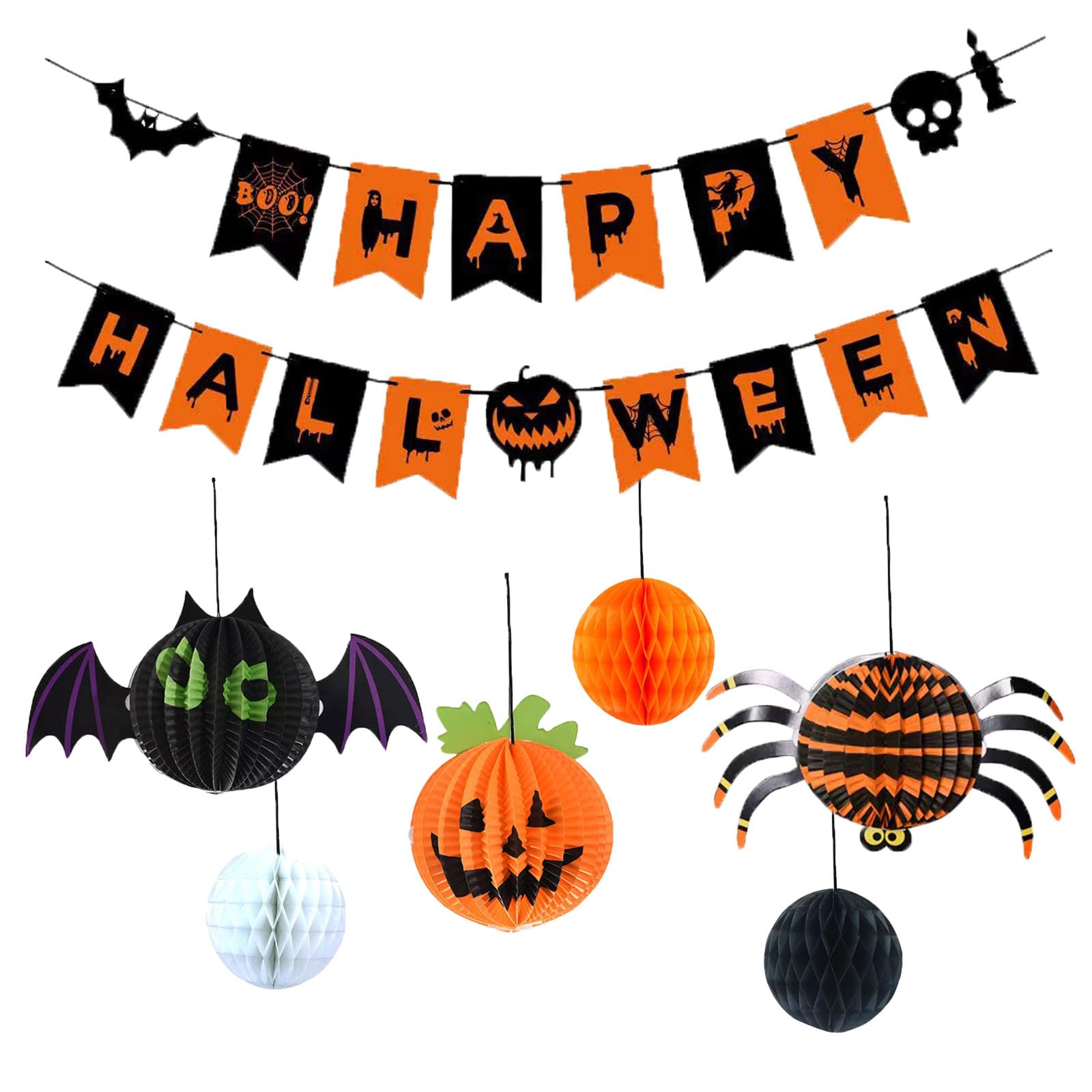Decoración Halloween Completa - Pancarta 'Happy Halloween', Colgantes Espiral, 24 Puntas Y 6 Flores, Para Fiesta Y Casa