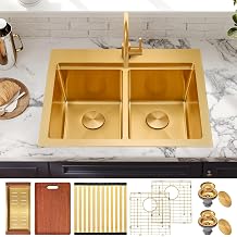 MILOSEN 26 Inch Gold Double Bowl Kitchen Sink, Gold Drop in 16 Gauge T304 Stainless Steel Sinks, Workstation Sink 50/50 Topmount Double Basin with Accessories, 10'' Deep Laundry Outdoor Sinks