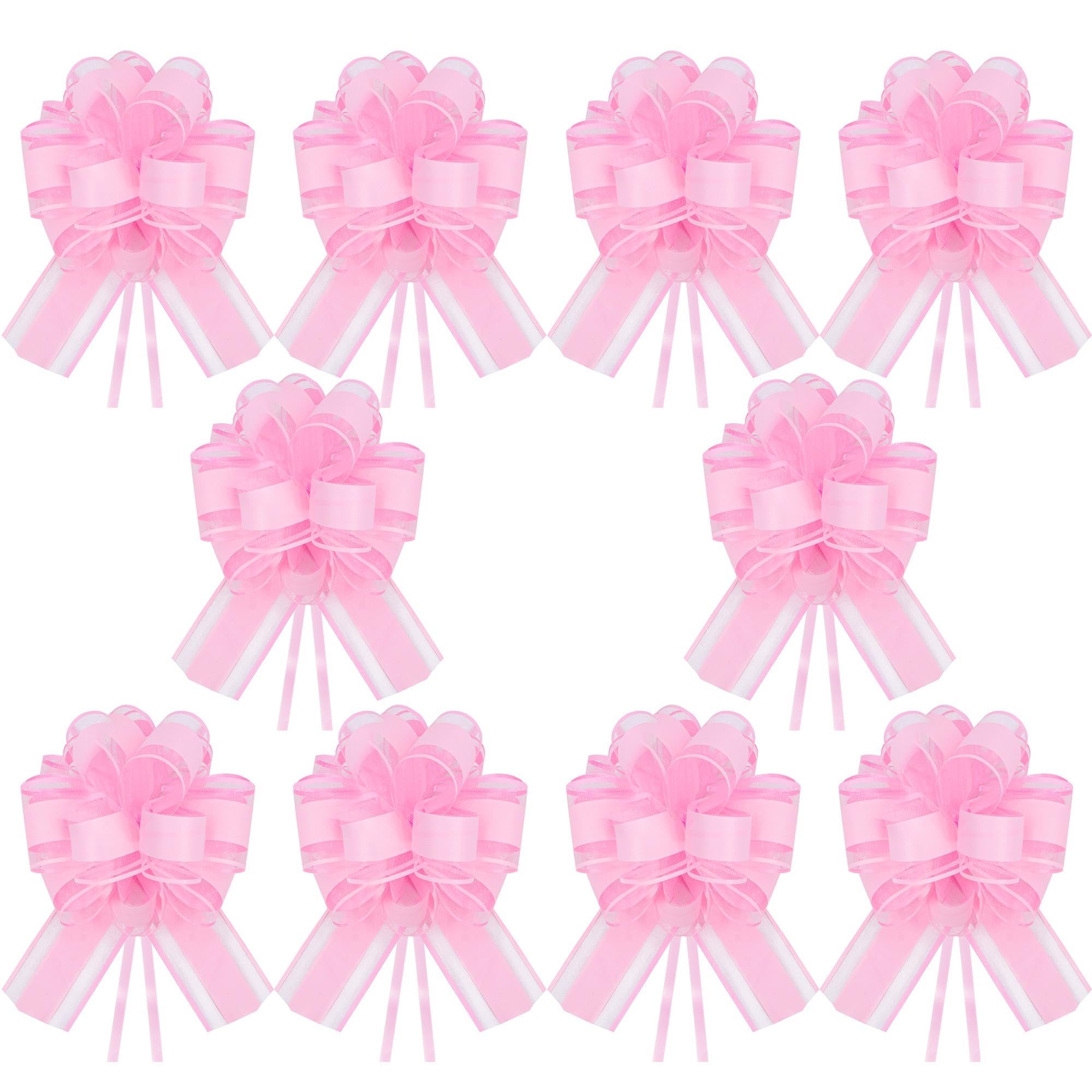 Time to Sparkle 10PCS Organza Pull Bows 17cm*22cm Gift Wrapping Bows Present with Ribbon Pull String for Christmas Baskets,Party Present,Holiday - Light Pink