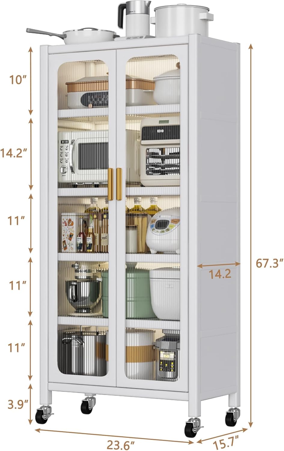 Montary Metal Freestanding Floor Pantry Storage Cabinet with Transparent Doors, 4 Rolling Wheels, 6 Tiers for Kitchen, Living Room, Dining Room, White