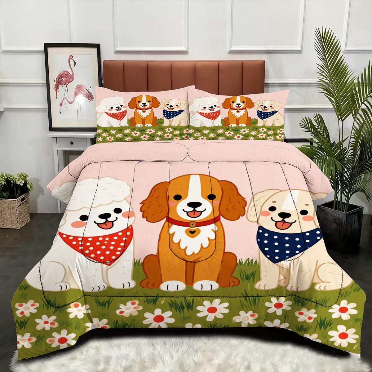 Couette 240x260 cm chien avec 2 taies d'oreiller en microfibre