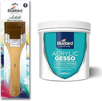 Bluebird Heavy Gesso Primer, 513ML / 28.2Oz & 3-Pack Premium Paint Brushes for Gesso