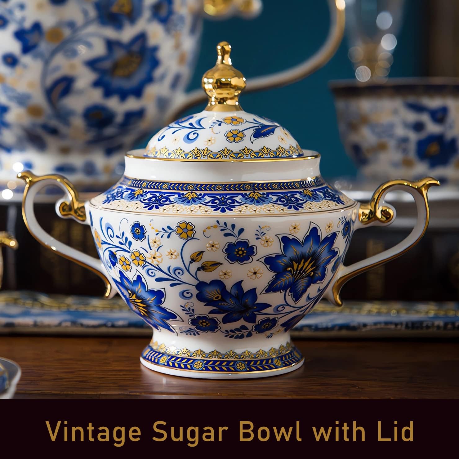 ACMLIFE Sugar and Creamer Set for Coffee Bar, 10.6 oz Bone China Cream and Sugar Set, Vintage Sugar Bowl with Lid, Floral Creamer Pitcher with Pour Spout and Handle, Blue and White