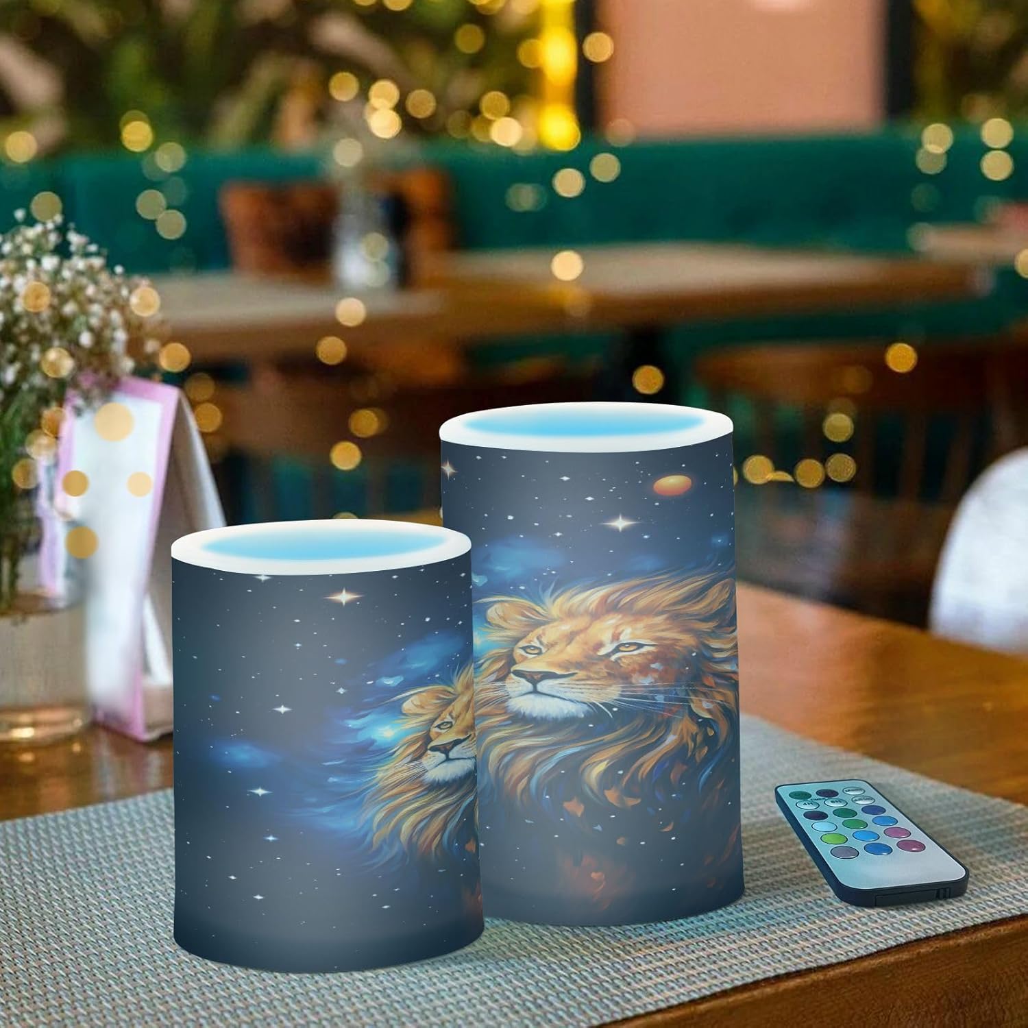 Universe Night Lion with Moon Stars Flickering Flameless Candles Battery Operated with Remote Timer,Tea Light Candles LED Pillar Votive Candles Set of 2 for Outdoor Indoor Decorations