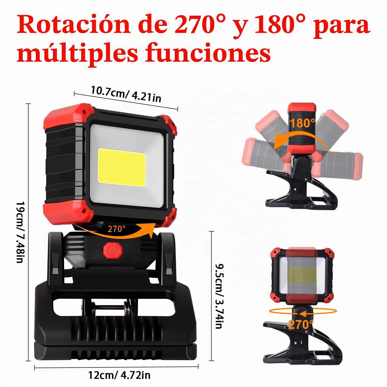 MASMEJOR Foco LED Recargable con Pinza, 2100LM Foco LED con Imanes & 3 Modos de Luz, Rotación de 270°, Luz de Trabajo Portátil Ideal para Camping, BBQ, Pesca, Taller, Emergencias