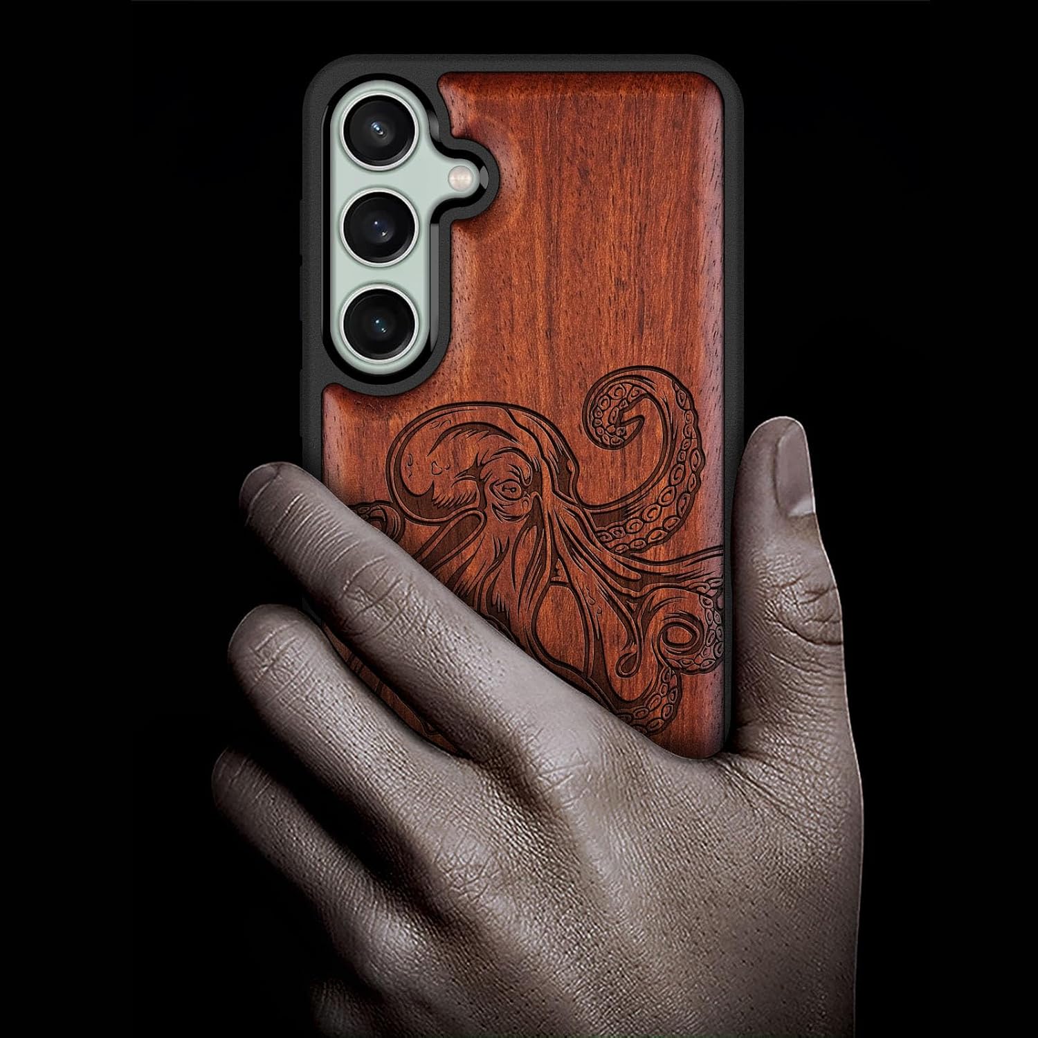 Carveit Wood Case for Galaxy S23 FE Case [Natural Wood & Black Soft TPU] Shockproof Protective Cover Unique Wooden Design Compatible with S23 FE (Octopus Drawing-Rosy)