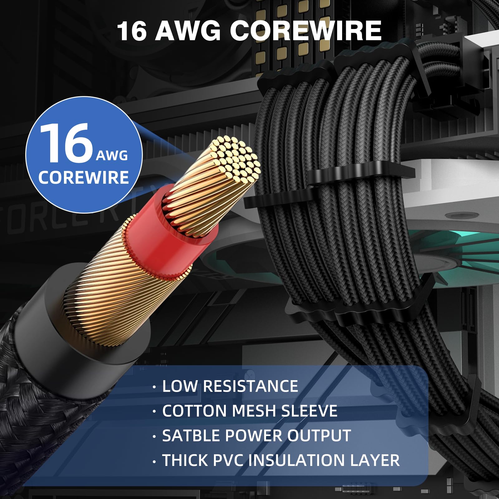 Kit di prolunga per cavo PSU da 16 AWG con pettini per cavi, 1 cavo ATX a 24 pin, 2 x 8 pin (4 + 4), EPS/3 x 8 pin (6+2), cavi manicotti per PC, lunghezza 30 cm, kit di prolunga per alimentazione