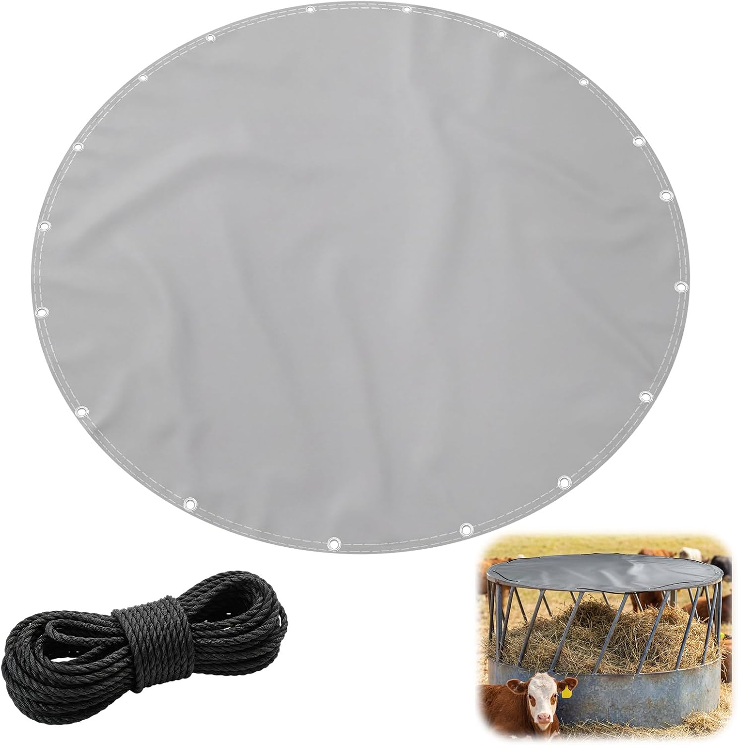 5.5ft Round Hay Bale Cover with 33ft Rope, Double Layer Waterproof Tarp for Ring Feeders, Reinforced Hemmed Edge, UV Resistant Tarpaulin, Fits Livestock Hay Feeders Outdoor