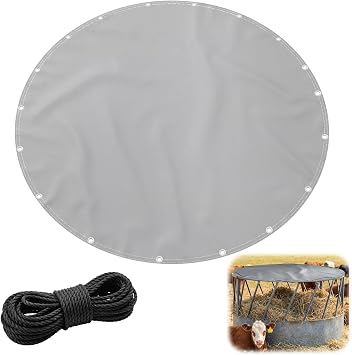 5.5ft Round Hay Bale Cover with 33ft Rope, Double Layer Waterproof Tarp for Ring Feeders, Reinforced Hemmed Edge, UV Resistant Tarpaulin, Fits Livestock Hay Feeders Outdoor