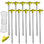 ABCCANOPY 11 Inch Tent Stakes 10 Pcs Non-Rust Metal Ground Anchors, Heavy Duty Spikes with 4 Ropes for Outdoor Camping, Yellow