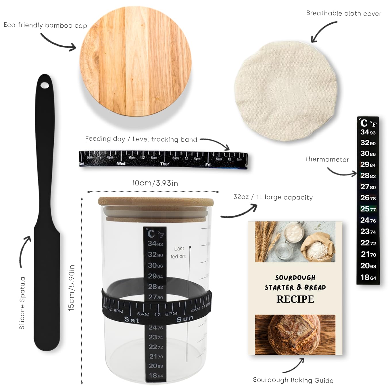SoLuna. Kit per principianti di pasta madre da 1 litro/1000 ml [vetro di alta qualità] – Grande barattolo per pasta madre in borosilicato, fascia per l'alimentazione della data, termometro/spatola