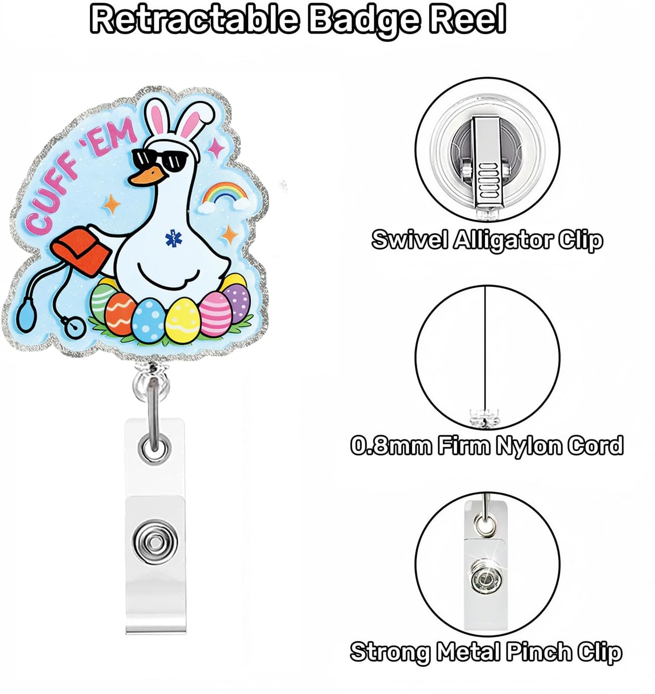 Easter Pink Bunny Badge Reel Retractable, Easter Glitter Acrylic Badge Holder with Alligator Clip,Funny Holiday ID Name Badge Reel for Nurses Student Employee Doctors Party Supplies image 5