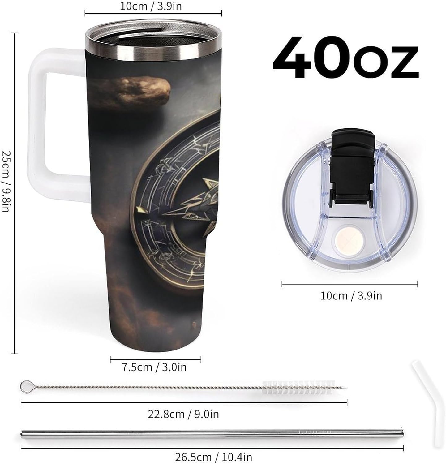 Magical Design Norse Runes Compass Travel Coffee Mug Reusable Durable Stainless Steel Insulated Tumbler with Handle And Straw Leak Resistant Portable Thermal Cup Gifts for Men Women 40 Oz