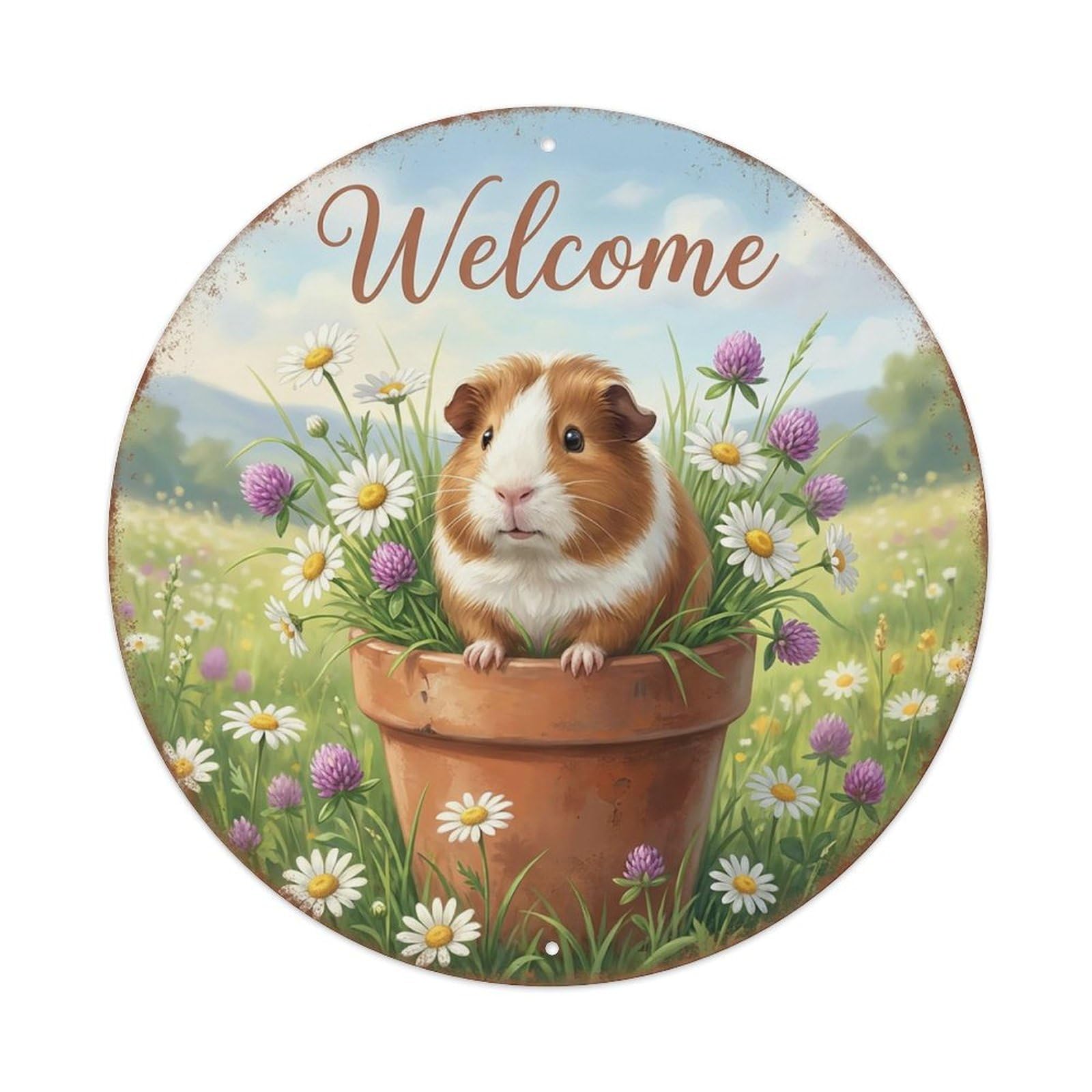 Welcome Guinea Pig Daisies Vintage Metal Tin Sign Plaque Wall Decor for Cafe, Club Bar, Office, Garden Metal Poster 8x8Inch