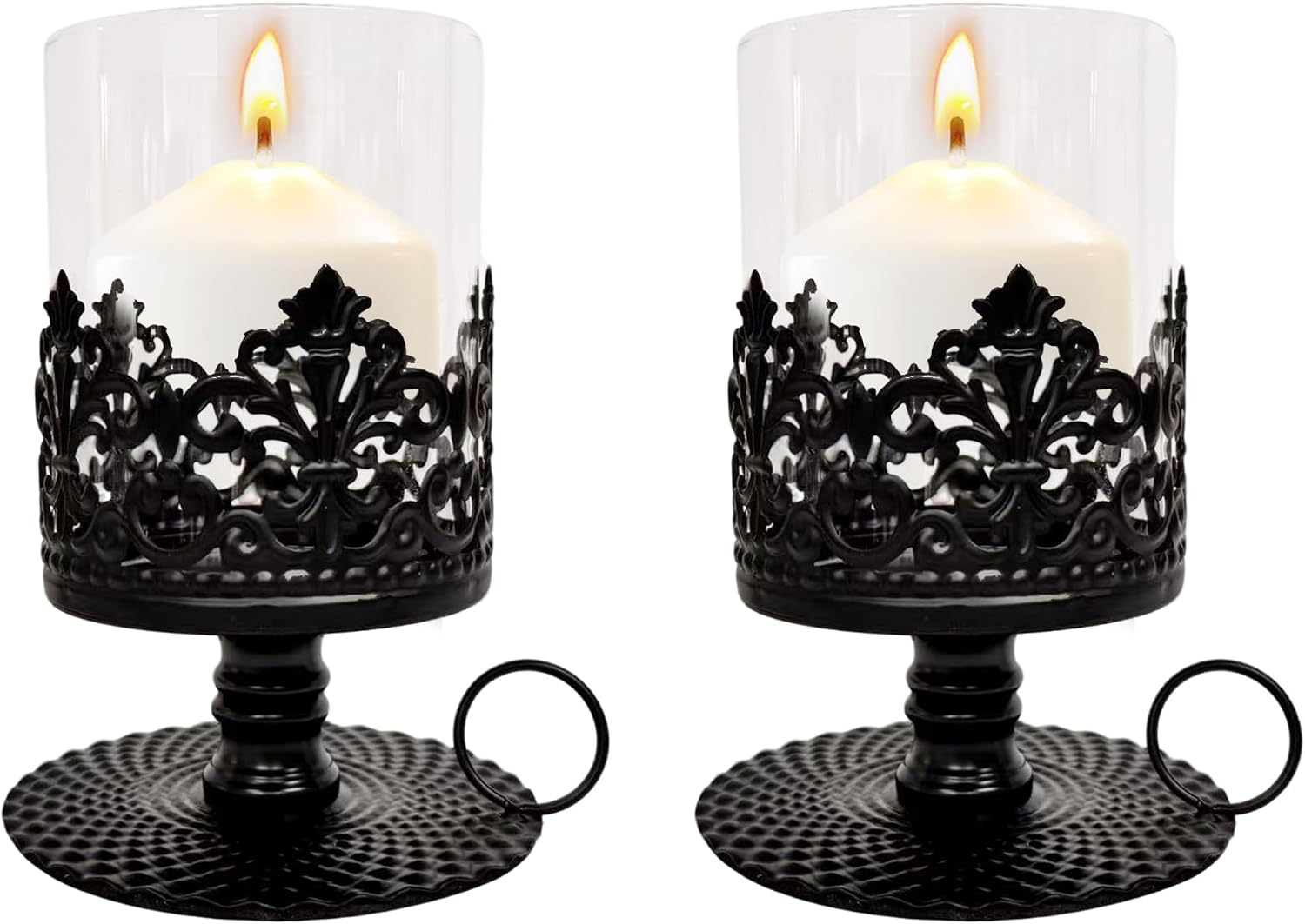 Hurricane Candle Holders for Pillar Candles - Gothic Luxury Candlestick Holder with Glass Sleeve, Vintage Decorative Candleholders for Dining Table Centerpiece Home Decor, 2PCS, S+S, Black