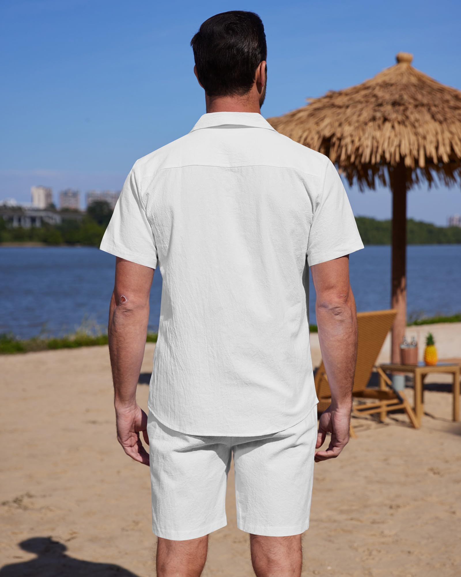 YAOHUOLE Conjunto de camisa y pantalones cortos de algodón y lino para hombre, conjunto de 2 piezas, ropa casual de verano, vacaciones, playa, trajes de boda