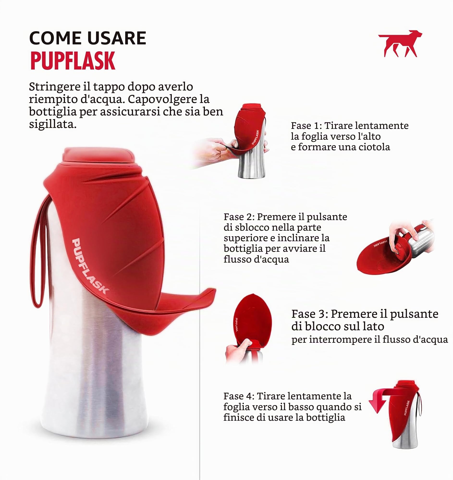 Bottiglia d'acqua per cani grande PupFlask | Acciaio inossidabile da 800 ml o 1200 ml | Comodo distributore d'acqua per cani | Bottiglia d'acqua portatile per animali domestici