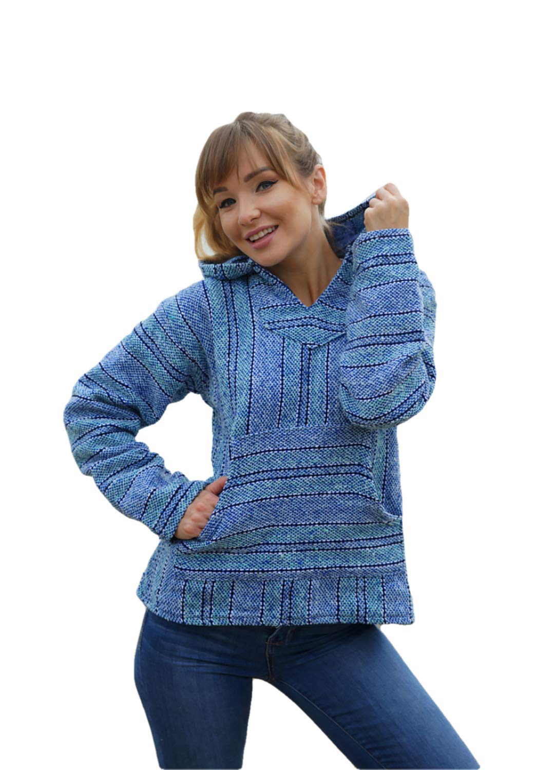 Premium Striped Woven Baja Hoodie Jacket Jerga Mens Womens (Medium, Sky Blue)