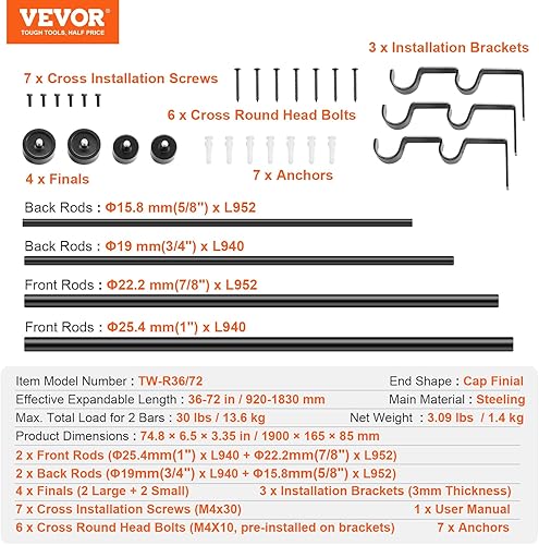 Miniatura 7 de VEVOR Barras de cortina dobles de 1 pulgada de 36 a 72 pulgadas (3-6 pies), cortineros para ventanas de 24 a 68 pulgadas, barra de cortina doble