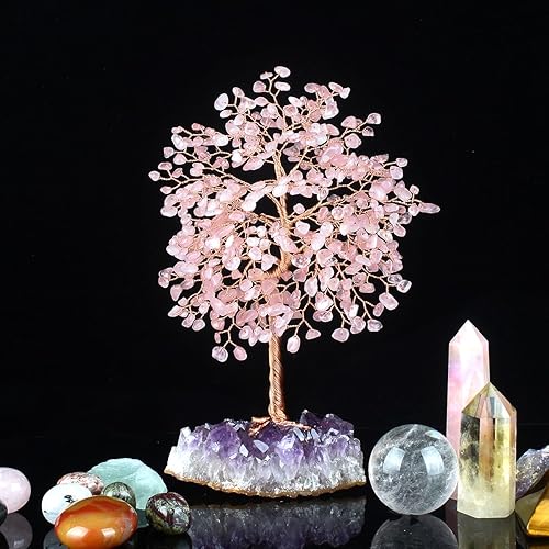 Miniatura 6 de Árbol de la vida con piedras preciosas de cristal, cuarzo rosa natural (conteo de 406 piedras) con base de racimo de amatista, energía positiva para