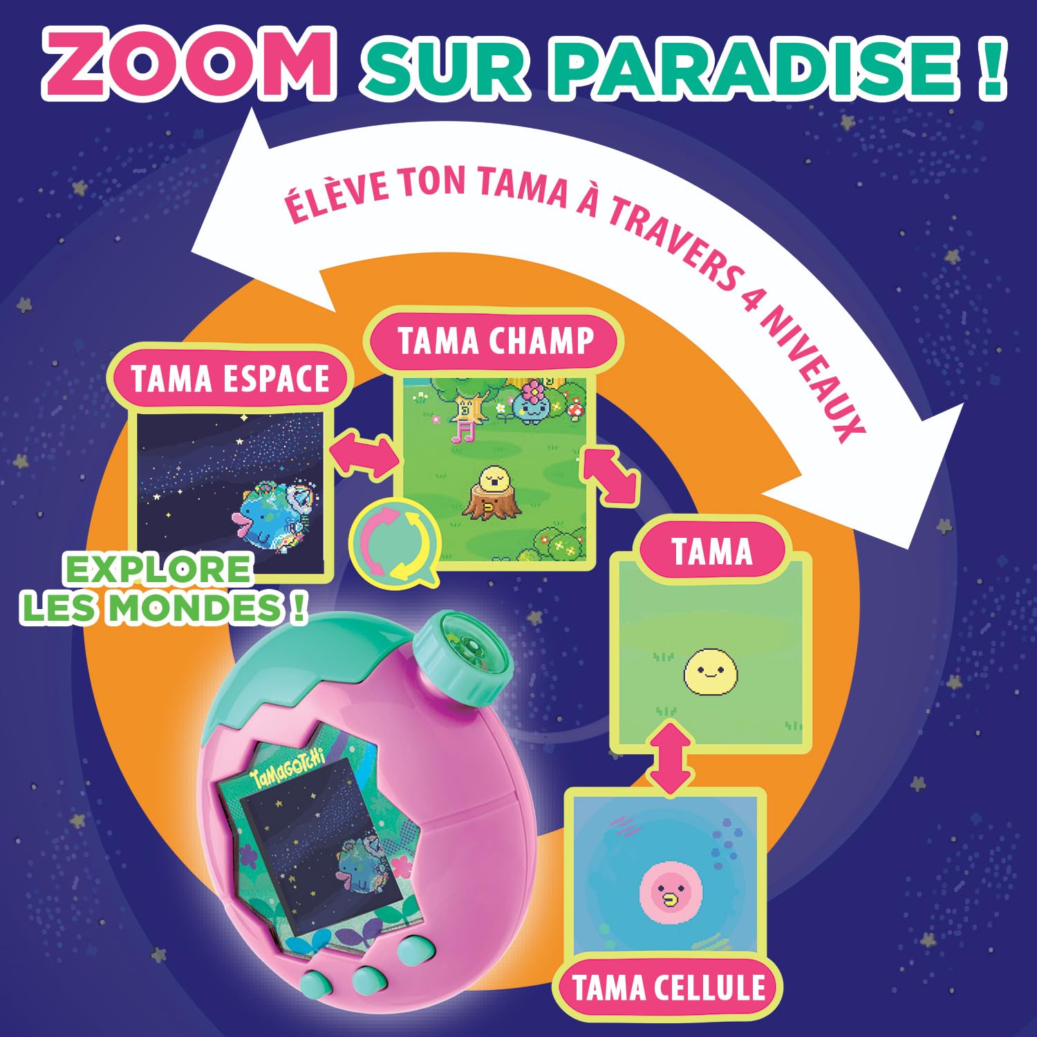 Bandai - Tamagotchi Paradise Ciel - Animal Virtuel à élever - Tamagotchi avec molette de Zoom - Jouet Interactif en français - Modèle Ciel Violet et Rose - Jouet Enfant 6 Ans et + - 43423 - 3