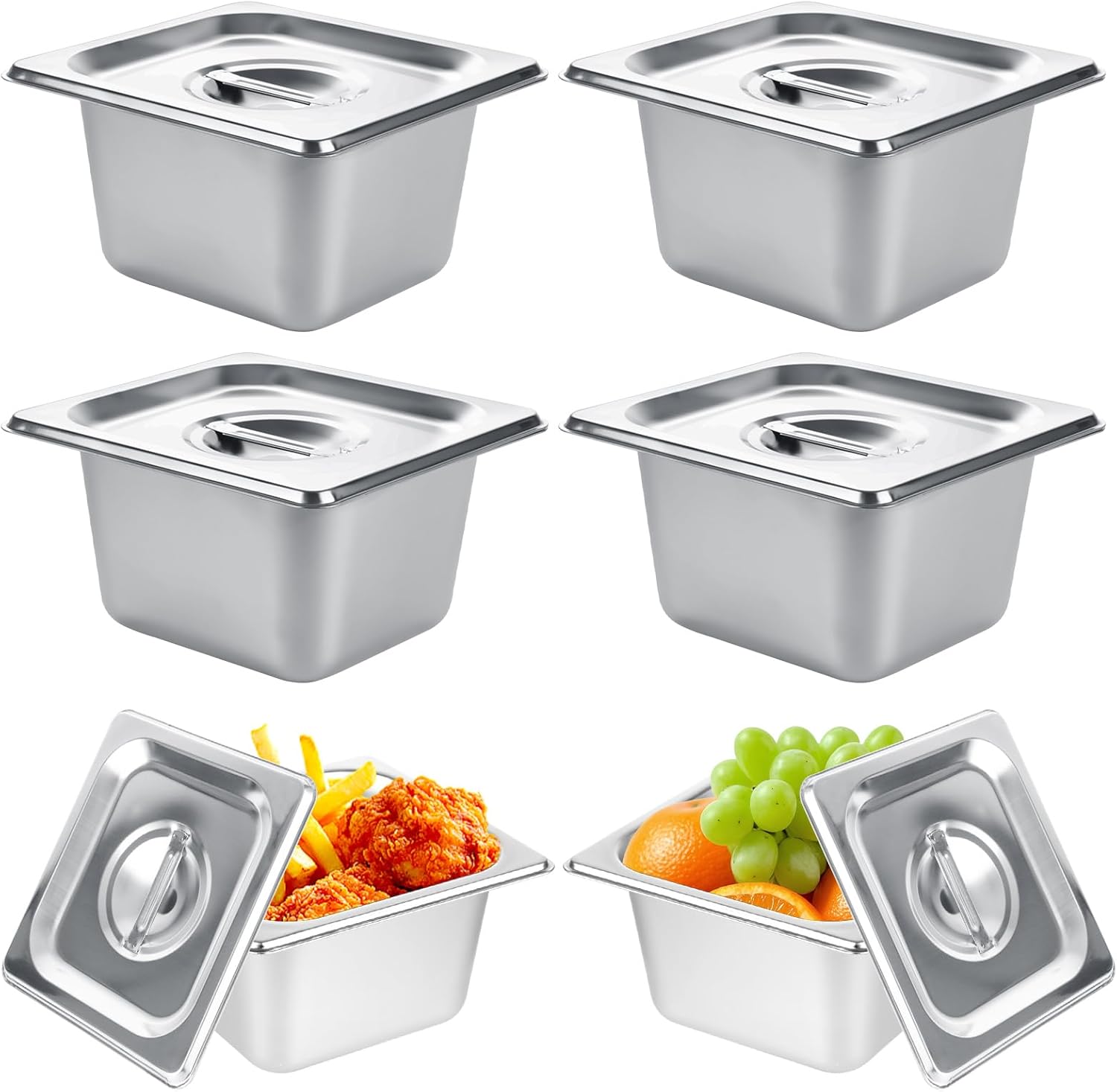 6 Set Stainless Steel Hotel Pans 1/6 Size 4 Inch Deep with Lids Steam Table Pans with Lids 4 Inch Deep 1/6 Size Stainless Steel Restaurant Pan Metal Food Pan with Lid for Hotel, Buffet, Home