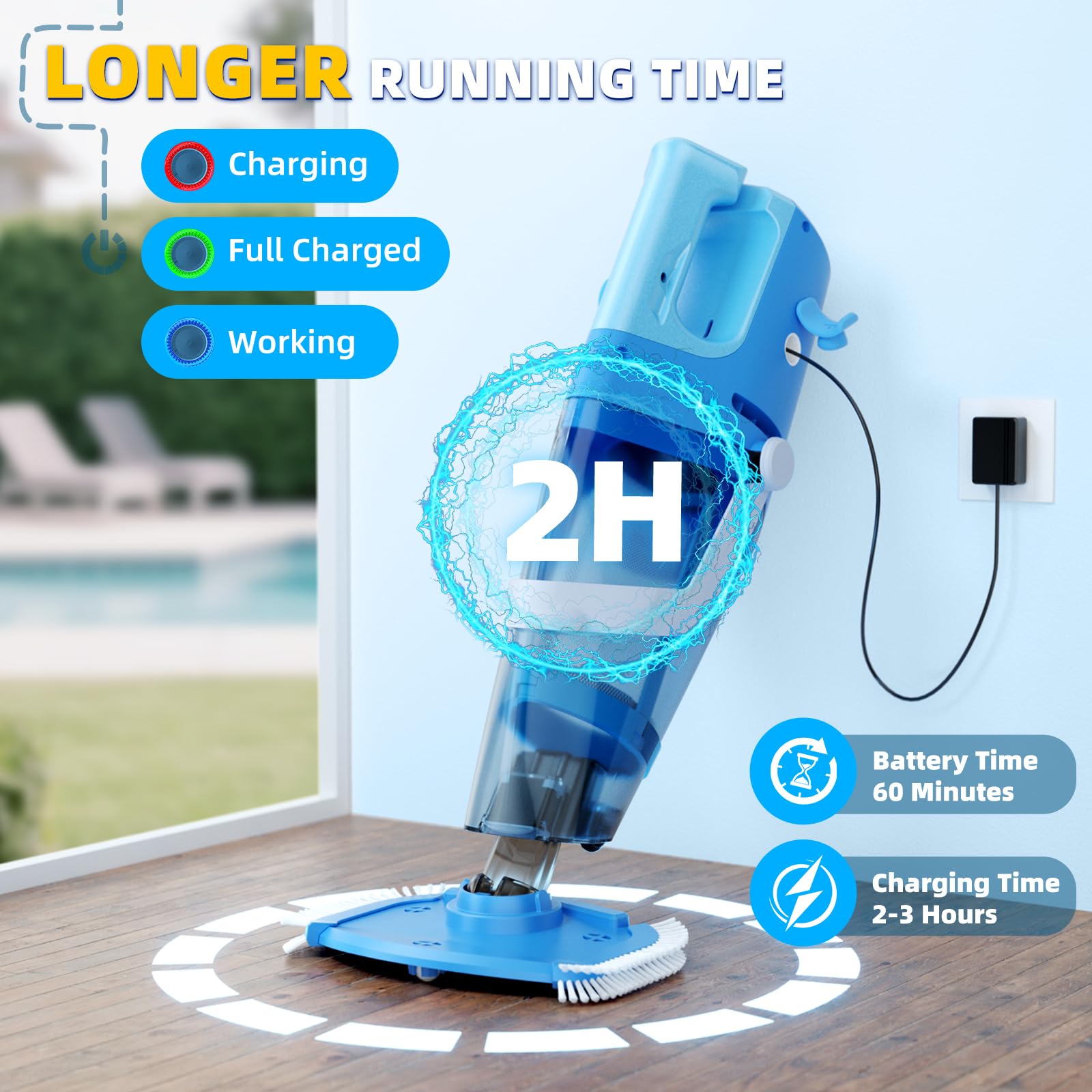 Aspirapolvere per piscina senza fili, potente aspirazione 1950 GPH, pulitore portatile per piscina con asta telescopica, durata 60 minuti, grande capacità 2 l, ricaricabile per piscine fuori terra e