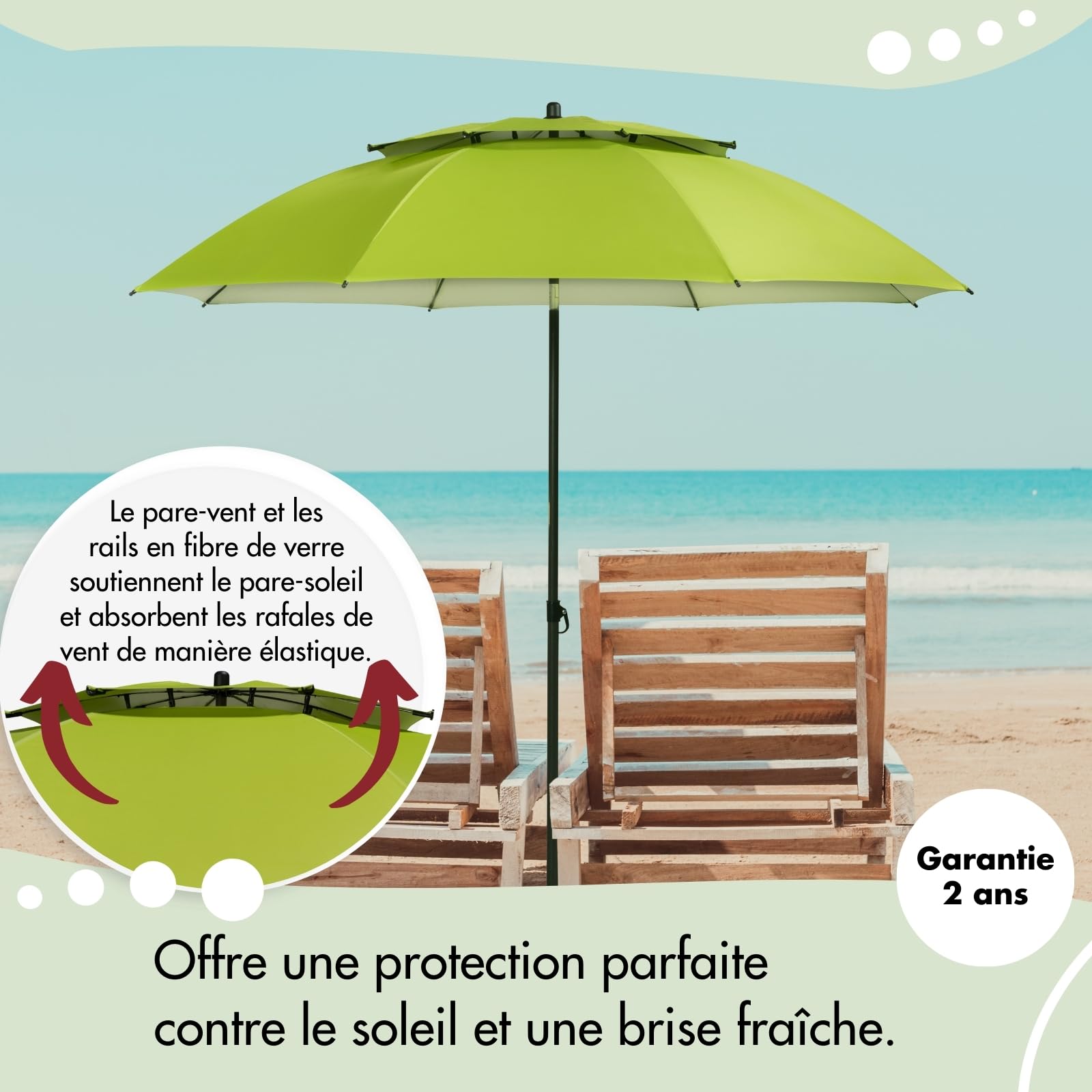Doppler Derby Windprofi Bleu - Parasol Plage et Balcon Valve Vent Protection UV Reglable Hauteur Pliable