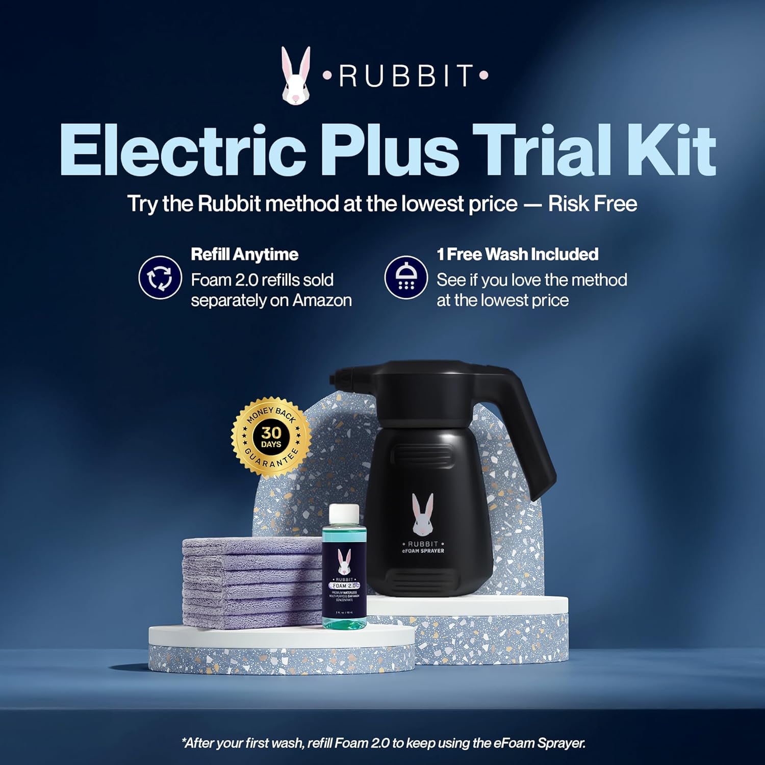 Electric Plus Trial Kit, Waterless Car Wash Kit, Rechargeable Electric Sprayer, Foam 2.0 Solution (1 Free Wash), 6 Reusable Microfiber Towels, Car Cleaning Supplies, 8 Piece Auto Cleaning Kit
