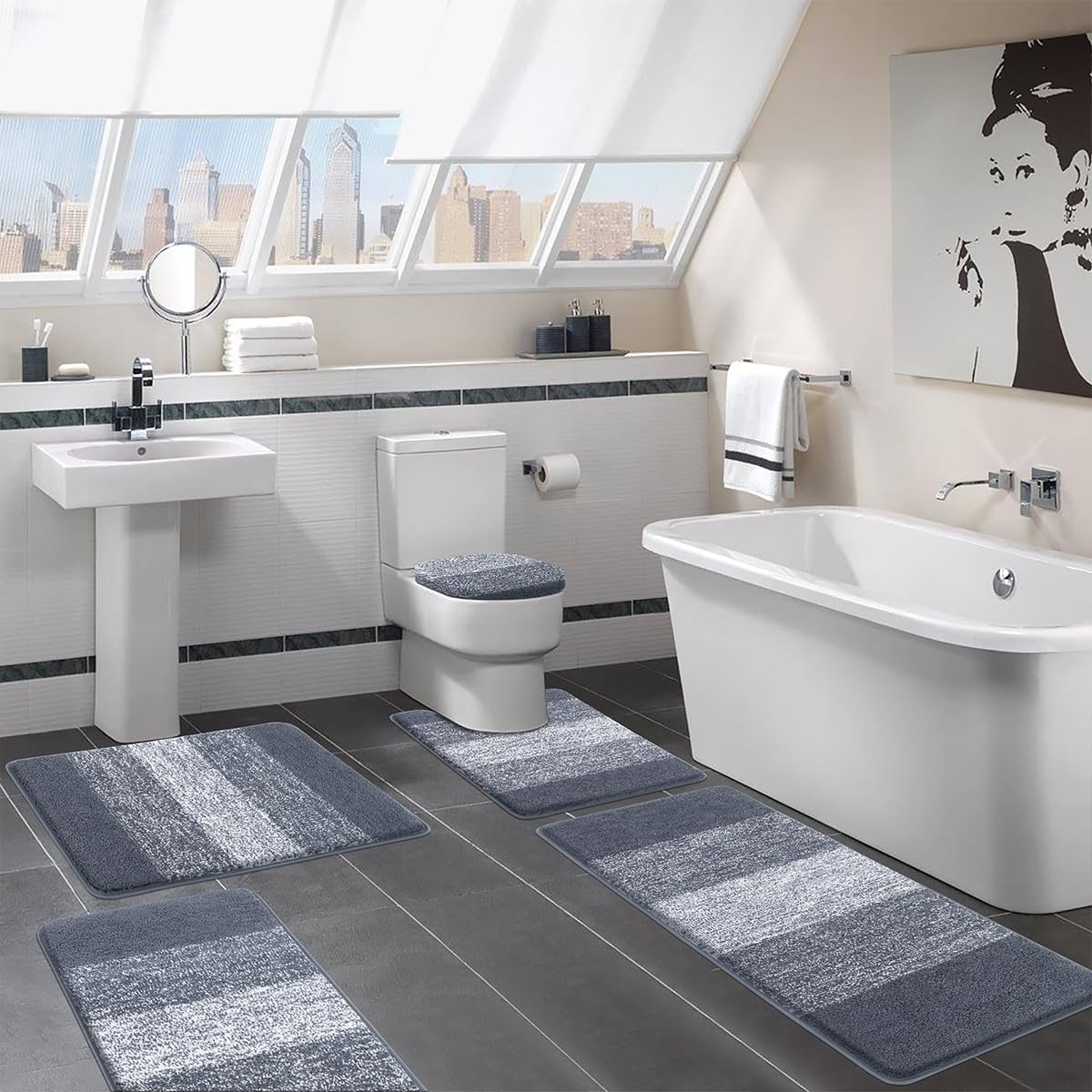 Bsmathom Badezimmerteppich-Set, 5-teilig, Plüsch-Mikrofaser-Badematte, Dunkelgrau | Extra wasserabsorbierender, rutschfester, waschbarer Läufer mit WC-Deckelbezug und U-förmiger WC-Vorleger