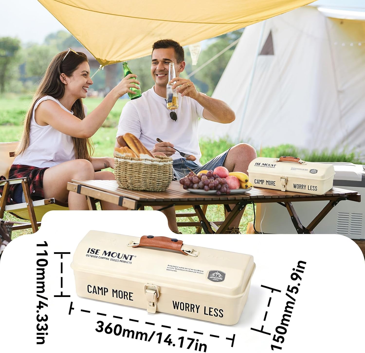 Outdoor Tools Storage Box, Metal Tool Box Portable Sturdy Camping Picnic Storage Box with Handle (White Without Wooden Board)